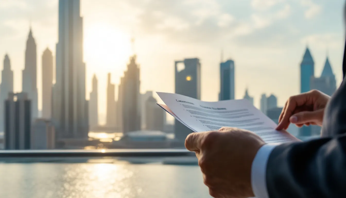 Individual studying Dubai property laws with city skyline in background